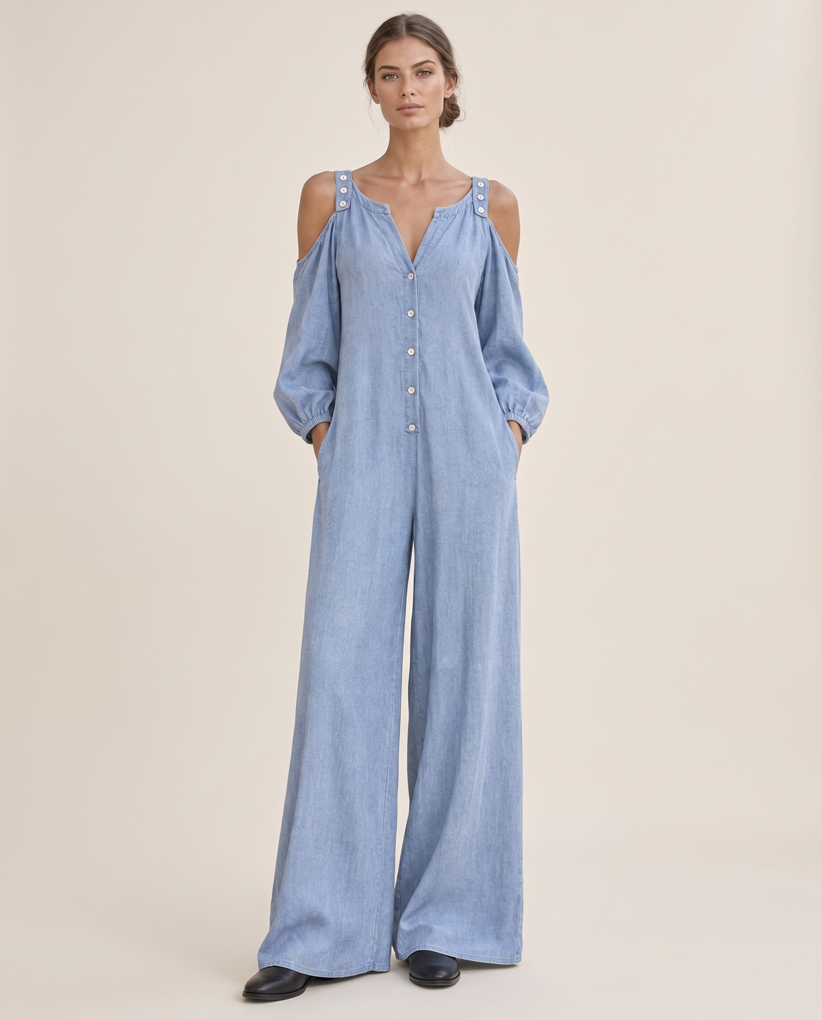 Ashland Relaxed Cold-Shoulder Wide-Leg Jumpsuit — studio front
