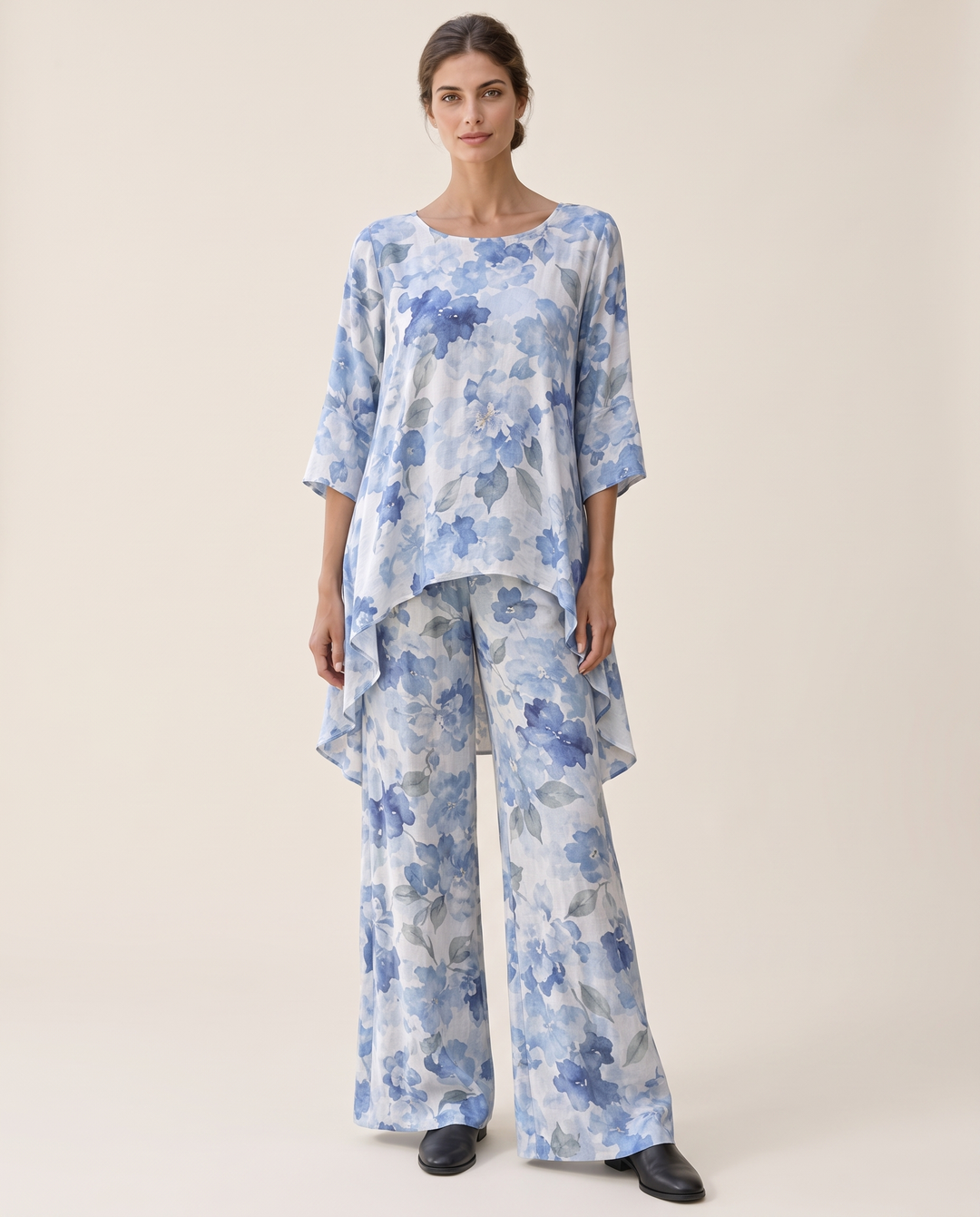 Bayfield Flowy Asymmetric Tunic and Pants Set — studio front