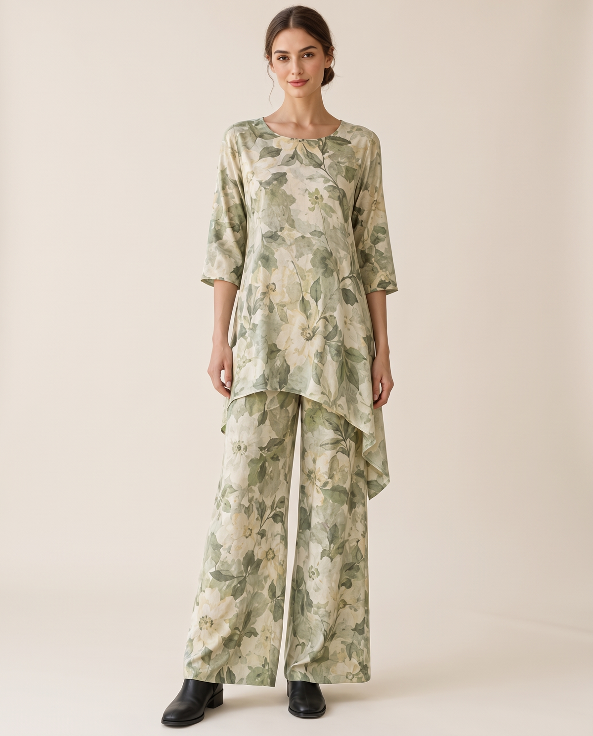 Bayfield Flowy Asymmetric Tunic and Pants Set — green, studio front