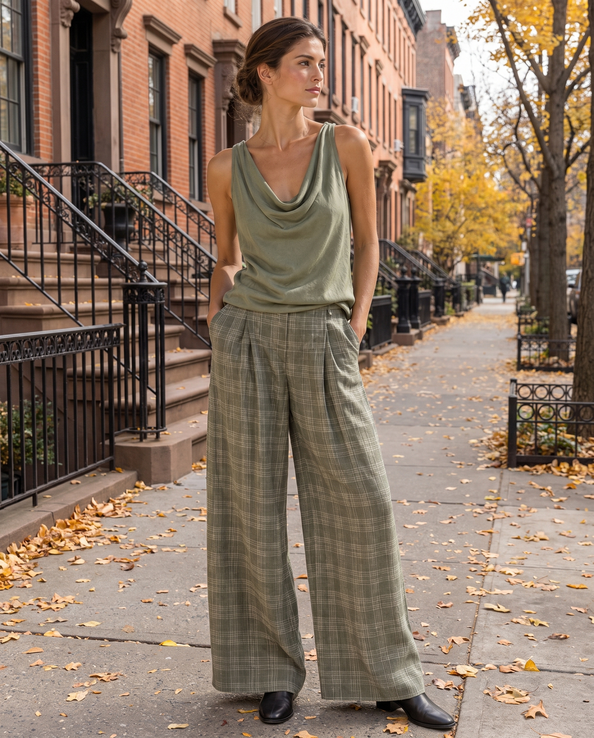 Brambleton Relaxed Cowl-Neck Top and Wide-Leg Pants Set — worn on a New York street in autumn