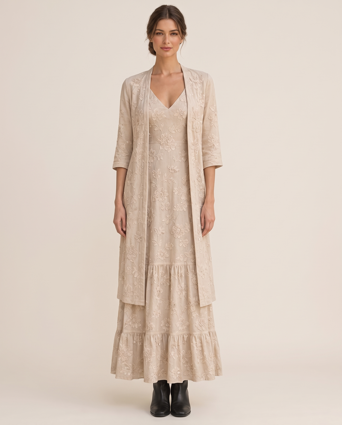 Avignon Elegant Embroidered Maxi Dress and Jacket Set — beige, studio front