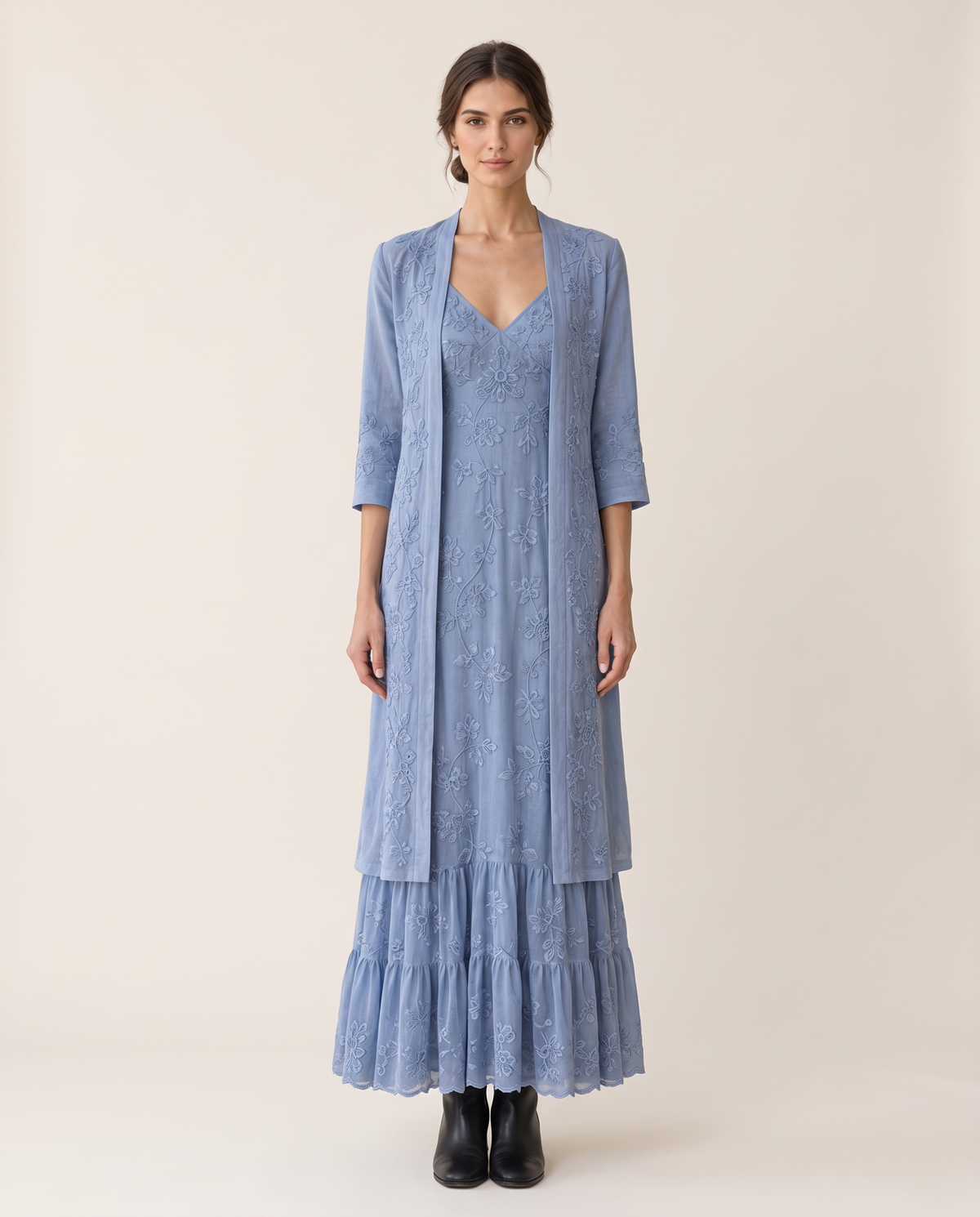 Avignon Elegant Embroidered Maxi Dress and Jacket Set — studio front