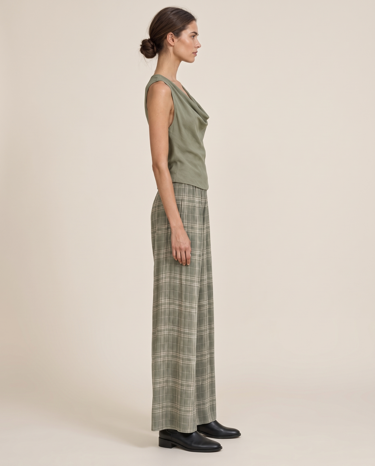 Brambleton Relaxed Cowl-Neck Top and Wide-Leg Pants Set — side profile, studio