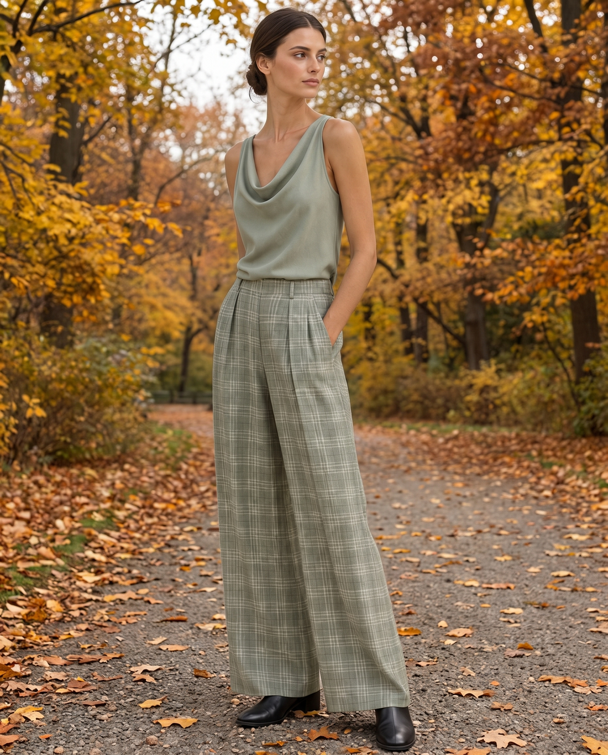 Brambleton Relaxed Cowl-Neck Top and Wide-Leg Pants Set — worn in Central Park in autumn