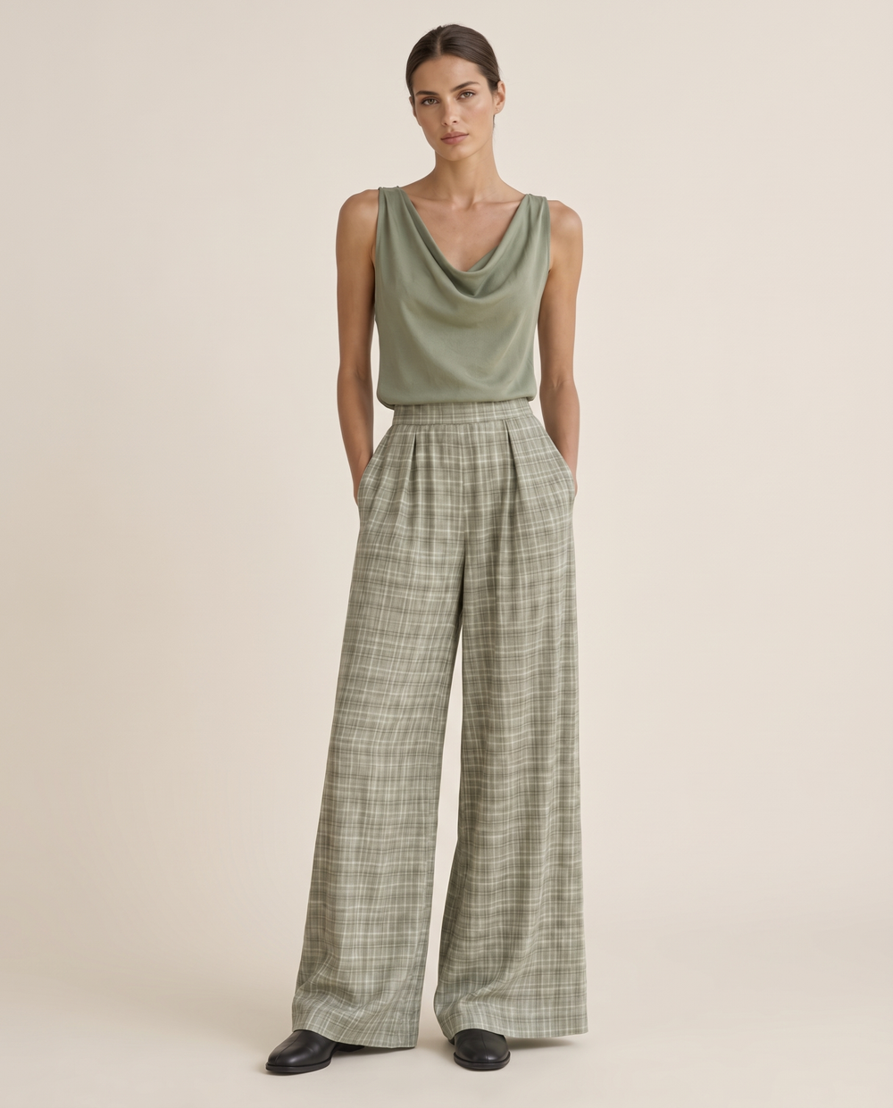 Brambleton Relaxed Cowl-Neck Top and Wide-Leg Pants Set — studio front