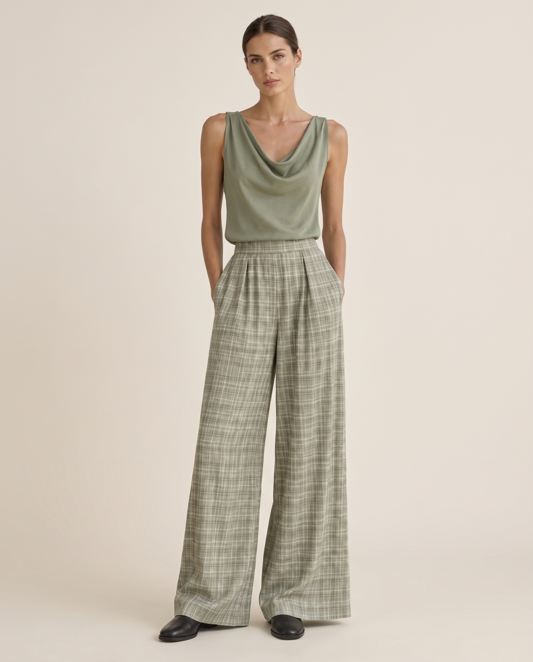 Brambleton Relaxed Cowl-Neck Top and Wide-Leg Pants Set — studio front