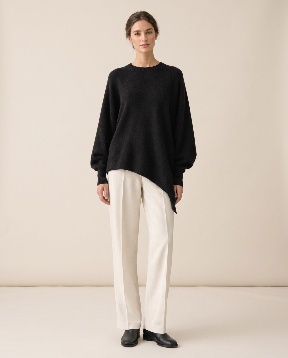 Ghent Warm Wool-Blend Draped Sweater with Asymmetric Hem — black, studio front