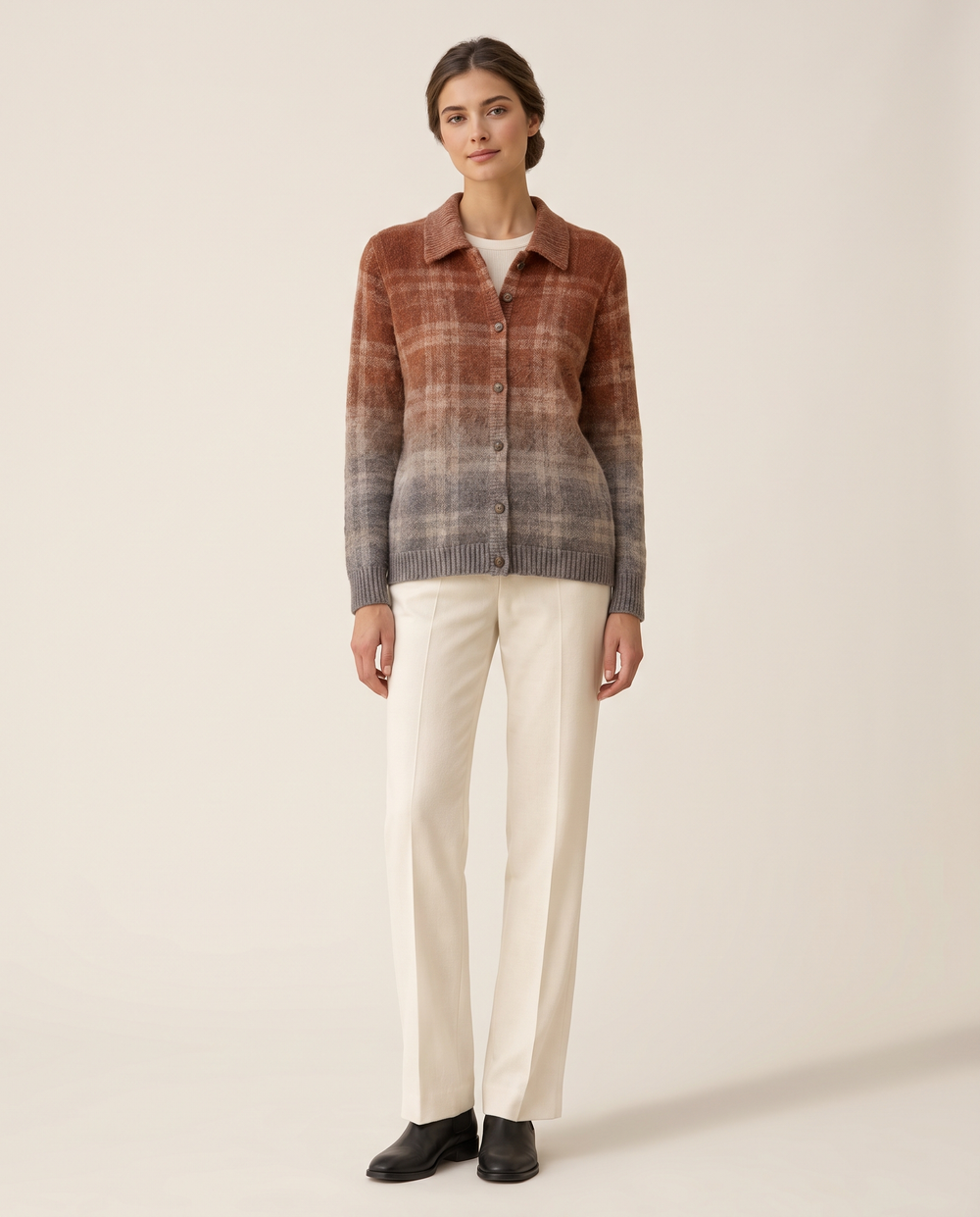 Iris Casual Ombre Plaid Button-Front Cardigan — studio front