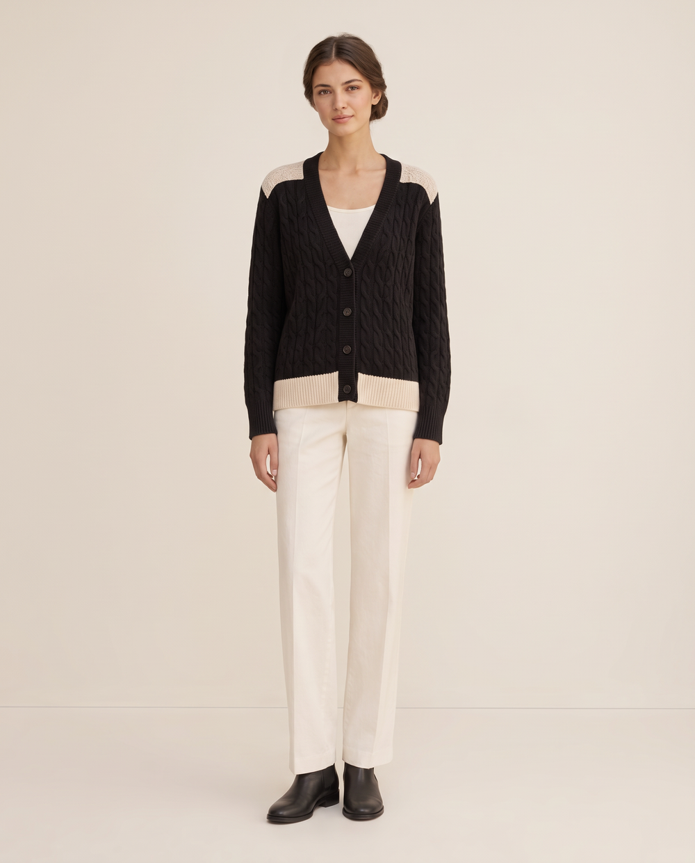 Vietri Relaxed Color-Block Cable Knit Cardigan — studio front