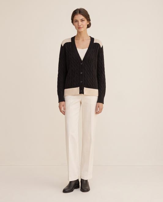 Vietri Relaxed Color-Block Cable Knit Cardigan — studio front