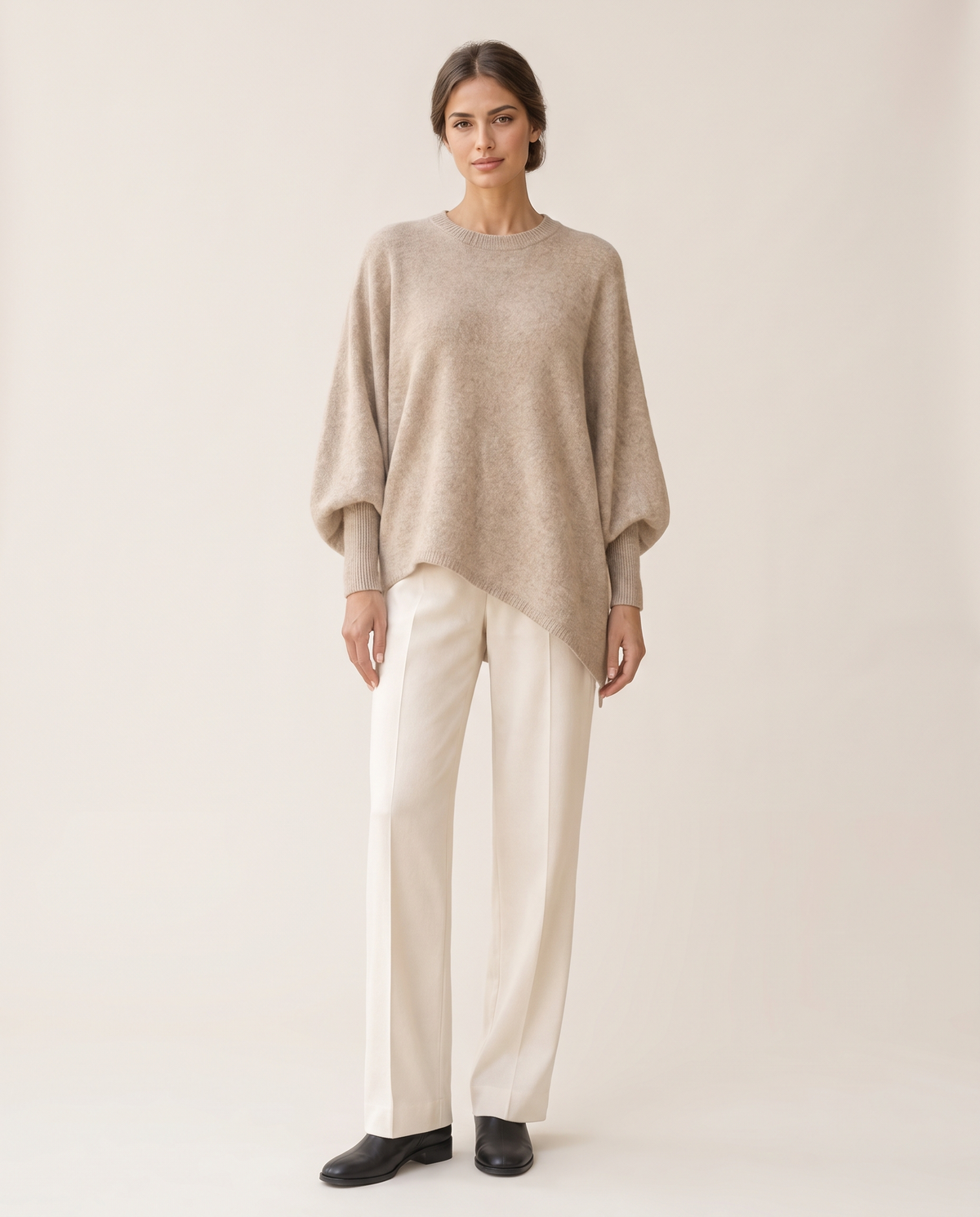 Ghent Warm Wool-Blend Draped Sweater with Asymmetric Hem — studio front