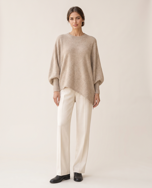 Ghent Warm Wool-Blend Draped Sweater with Asymmetric Hem — studio front