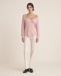 Ischia Relaxed Off-Shoulder Cable Knit V-Neck Sweater — pink, studio front
