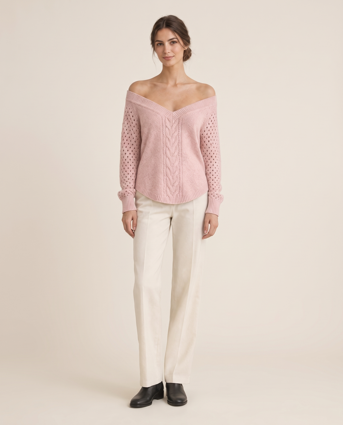 Ischia Relaxed Off-Shoulder Cable Knit V-Neck Sweater — pink, studio front