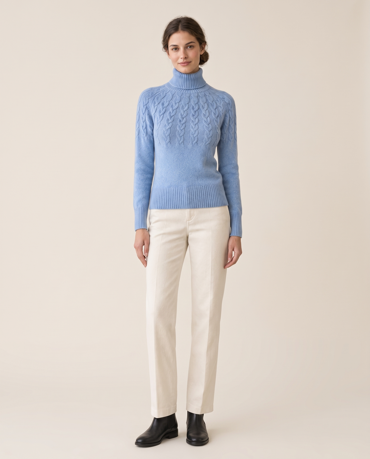 Gloucester Warm Cable Knit Ribbed Turtleneck Sweater — sky blue, studio front