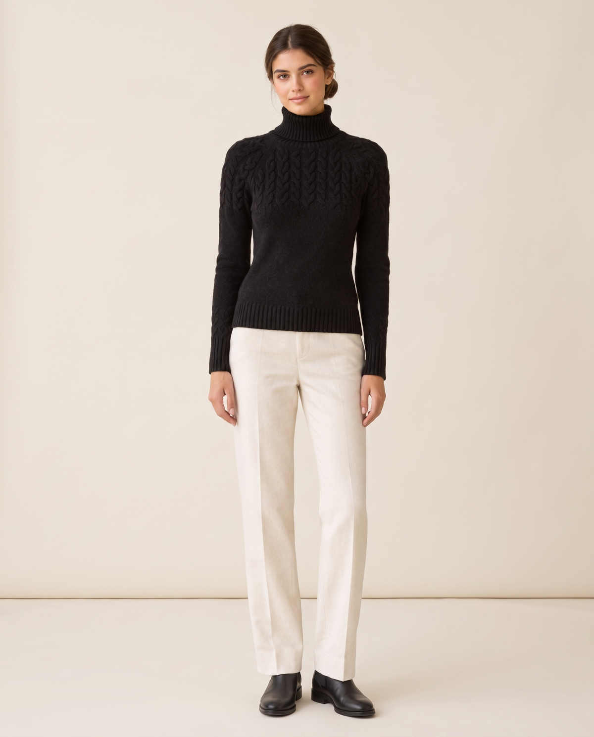 Gloucester Warm Cable Knit Ribbed Turtleneck Sweater — studio front