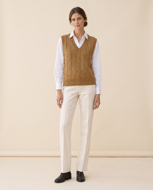 Falmouth Versatile Cable Knit Sweater Vest — studio front