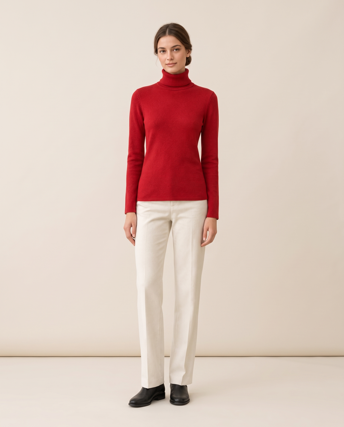 Merano Classic Solid Knit Turtleneck Sweater — red, studio front