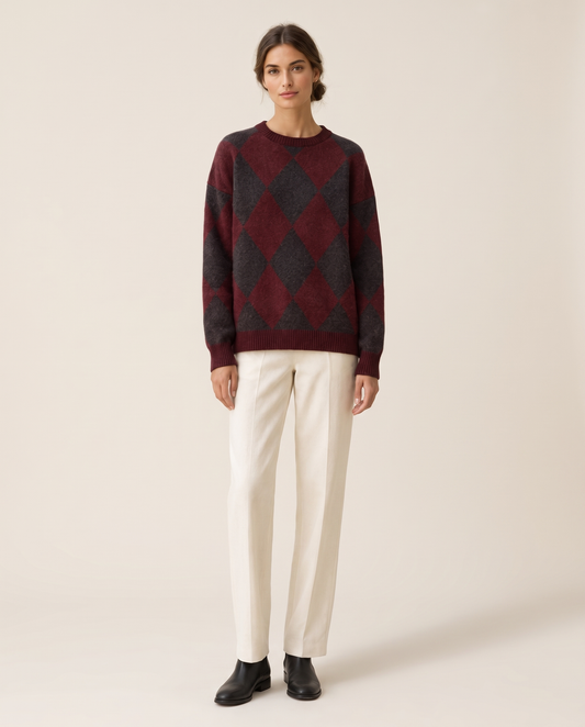 Jermyn Oversized Two-Tone Argyle Crew Neck Sweater — studio front