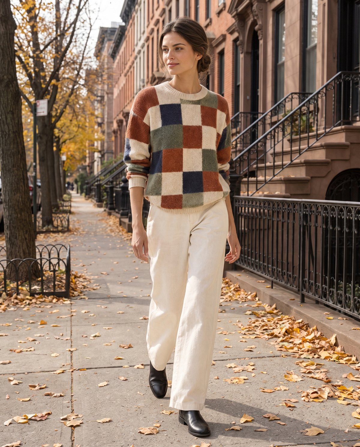 Silverton Cozy Checkered Print Pullover Sweater — worn on a New York street in autumn