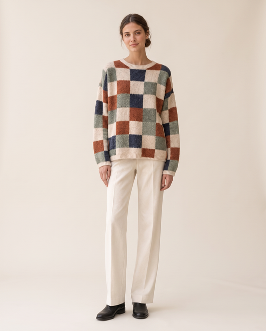 Silverton Cozy Checkered Print Pullover Sweater — studio front
