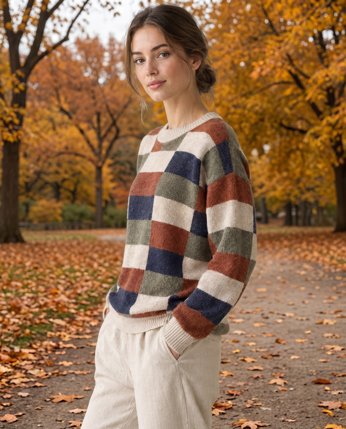 Silverton Cozy Checkered Print Pullover Sweater — worn in Central Park in autumn