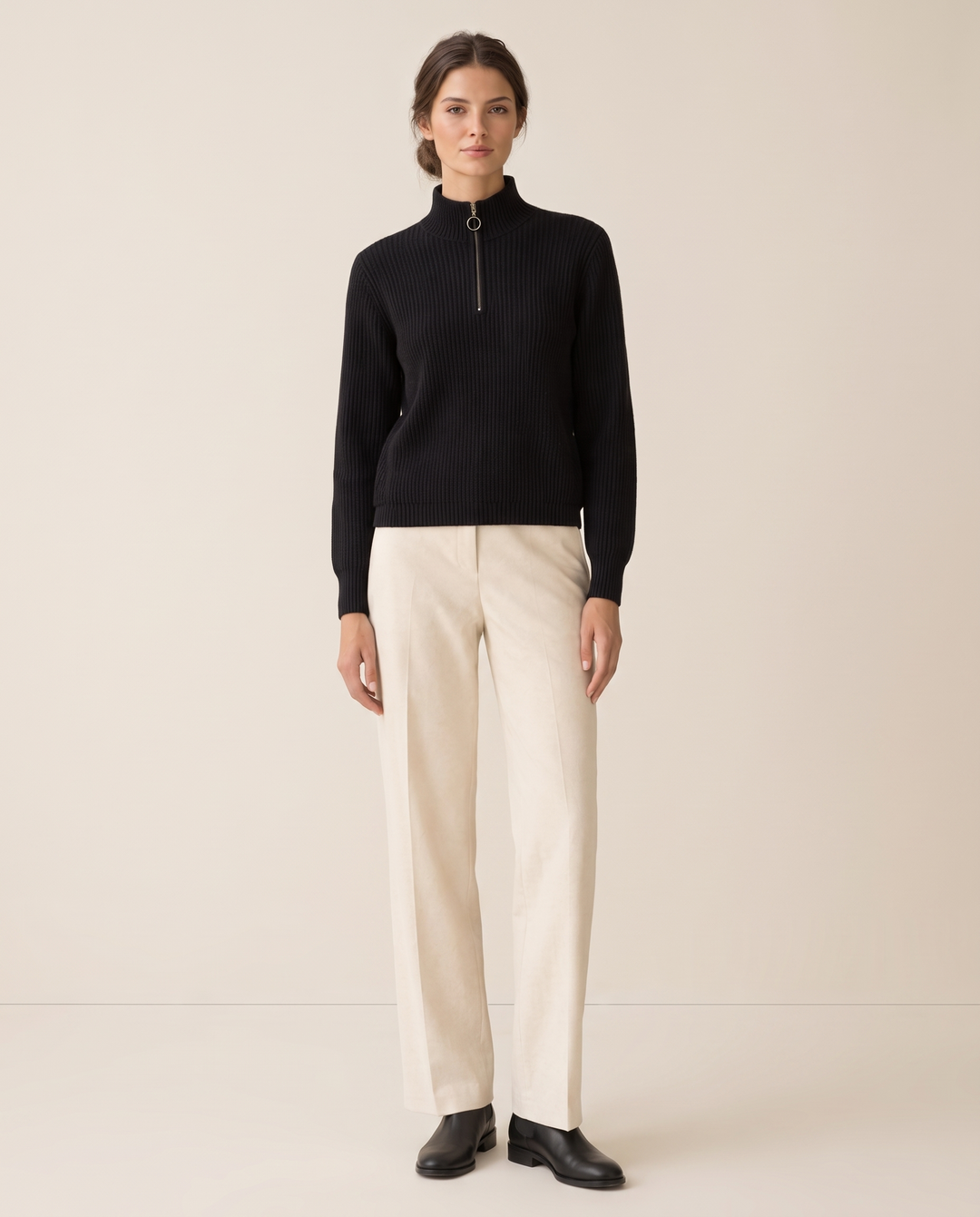 Kestrel Sleek Ribbed Half-Zip Mock Neck Sweater — studio front