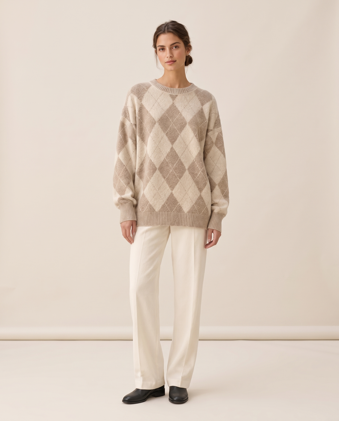Lantern Oversized Argyle Drop-Shoulder Crew Neck Sweater — studio front