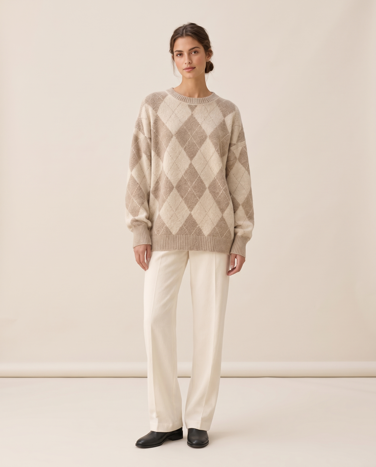 Lantern Oversized Argyle Drop-Shoulder Crew Neck Sweater — studio front