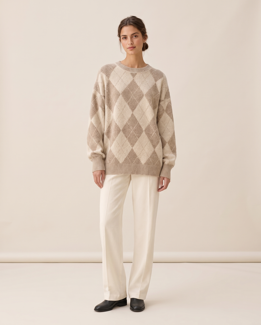 Lantern Oversized Argyle Drop-Shoulder Crew Neck Sweater — studio front
