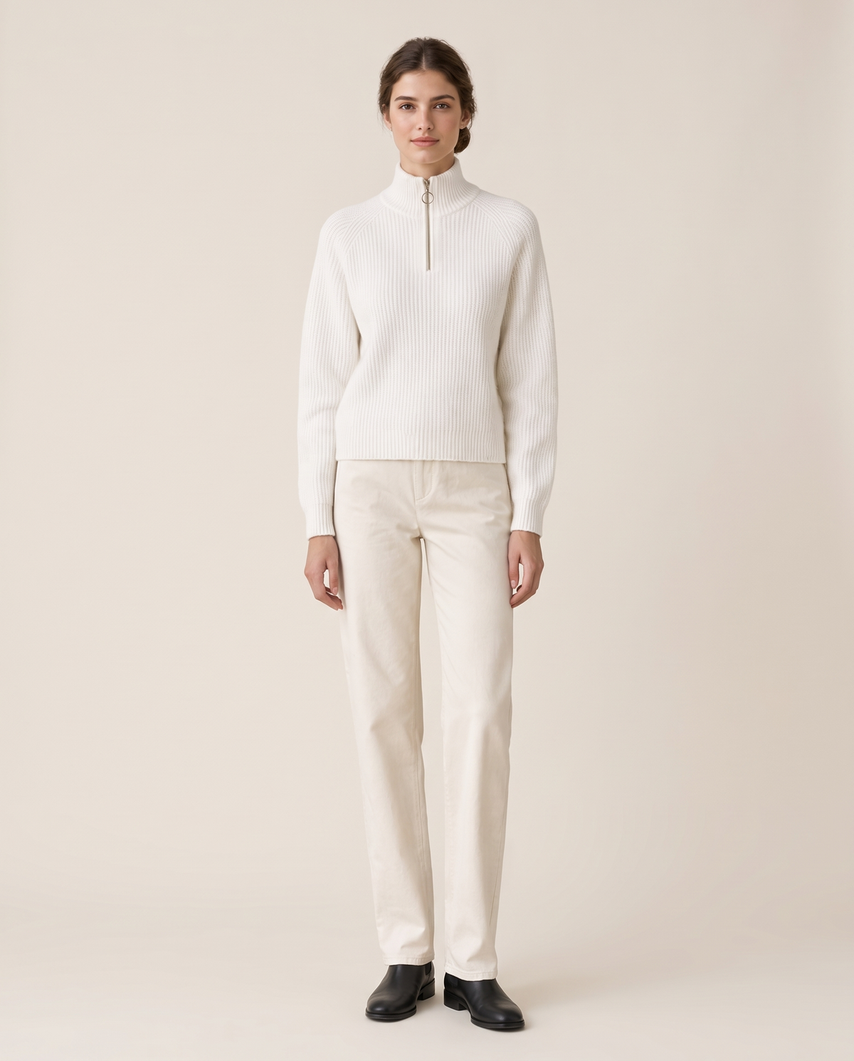Kestrel Sleek Ribbed Half-Zip Mock Neck Sweater — white, studio front
