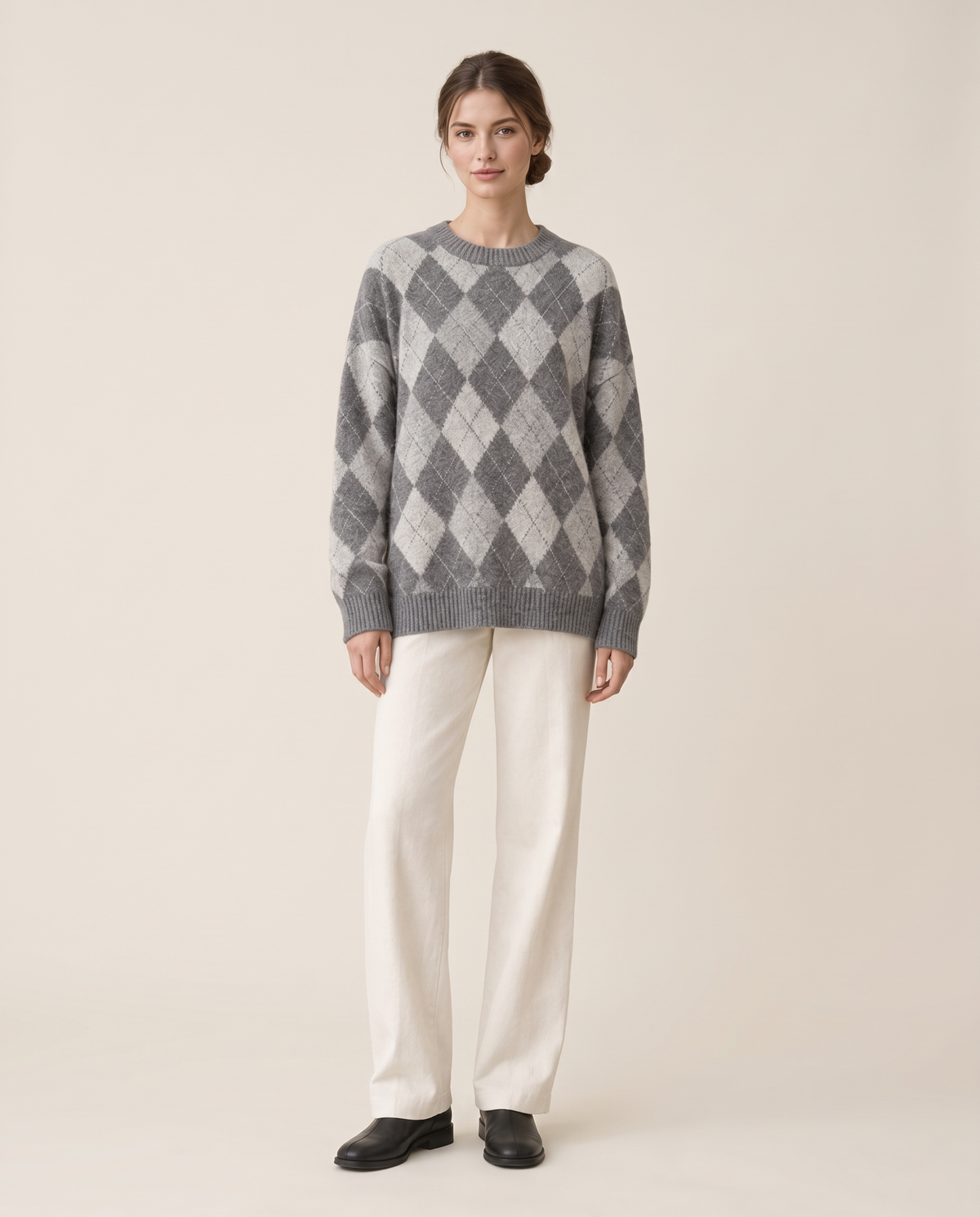 Lantern Oversized Argyle Drop-Shoulder Crew Neck Sweater — gray, studio front