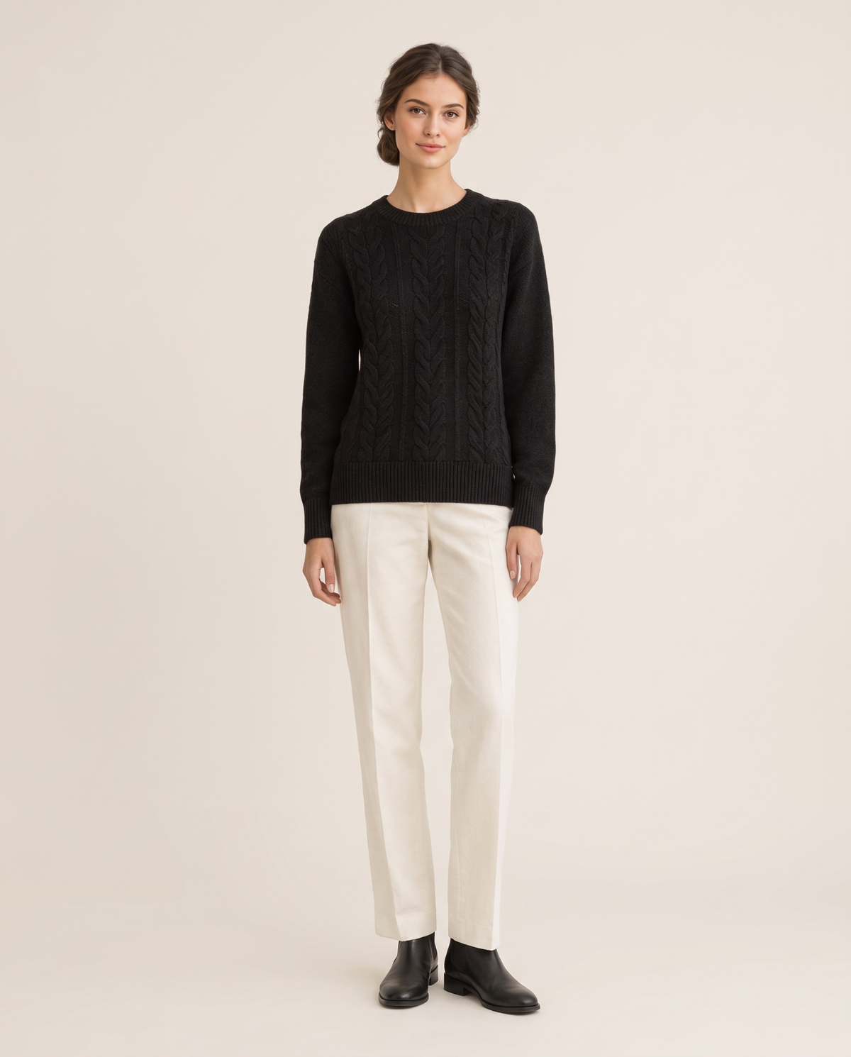 Favignana Classic Cable Knit Crew Neck Sweater — black, studio front