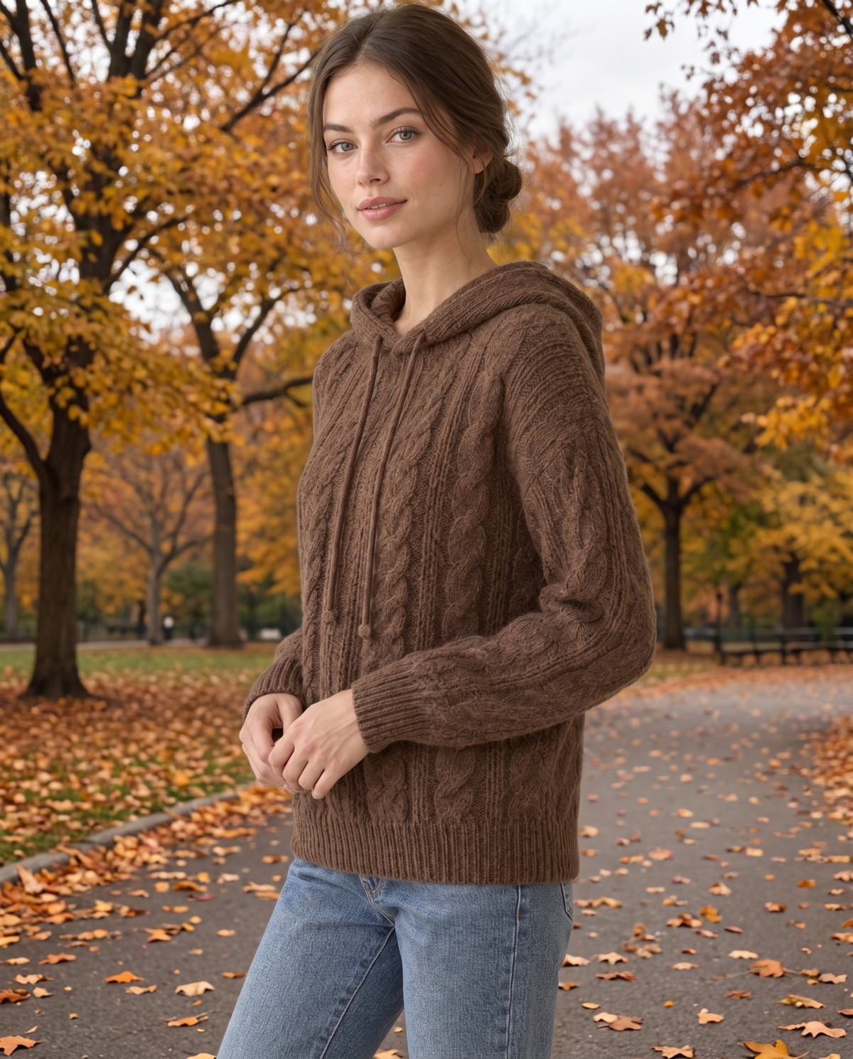 Marzamemi Cozy Hooded Cable Knit Pullover Sweater — worn in Central Park in autumn