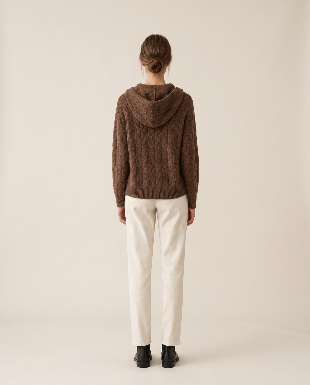 Marzamemi Cozy Hooded Cable Knit Pullover Sweater — studio back