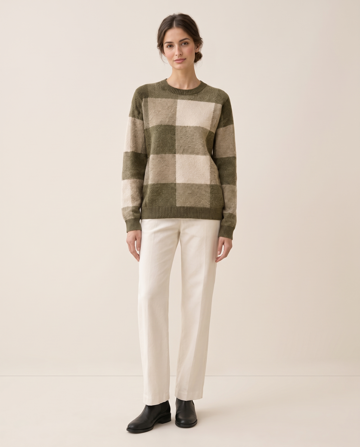 Foxhollow Relaxed Plaid Crew Neck Sweater — olive green, studio front