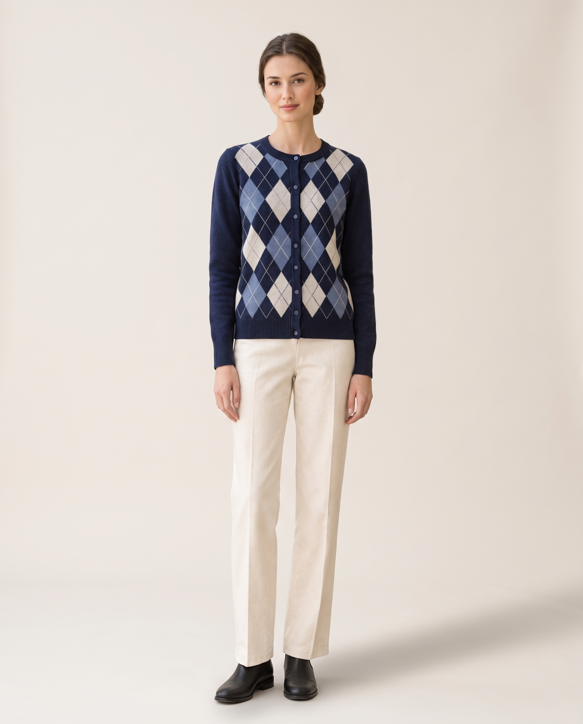 Belgravia Classic Argyle Button-Front Cardigan — navy blue, studio front