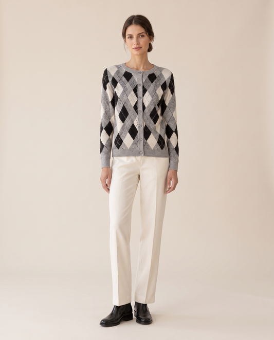 Belgravia Classic Argyle Button-Front Cardigan — studio front