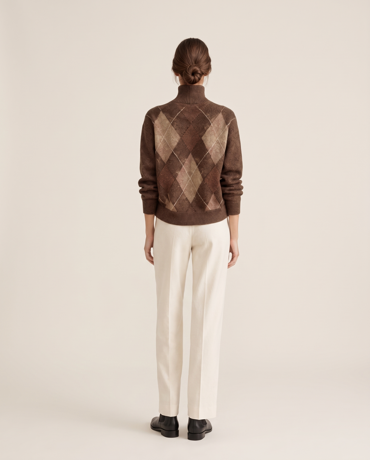 Weymouth Classic High Neck Color Block Argyle Sweater — studio back