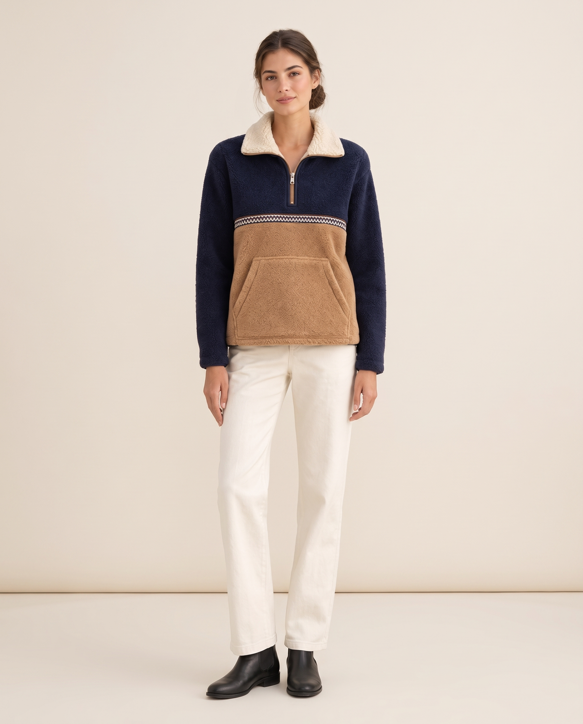 Zion Cozy Color-Block Quarter-Zip Sherpa Pullover — studio front