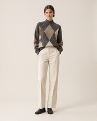 Weymouth Classic High Neck Color Block Argyle Sweater — deep gray, studio front