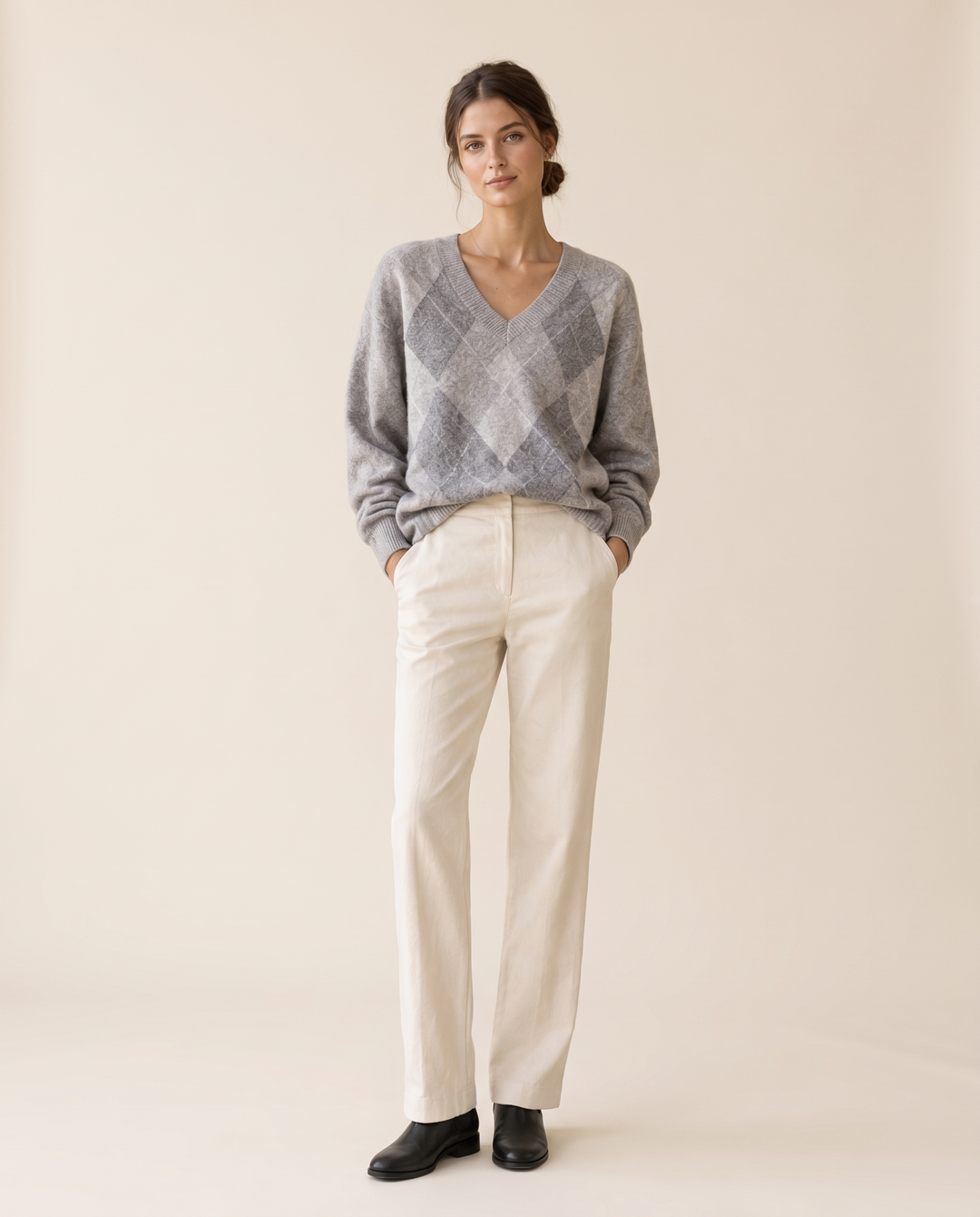 Vail Relaxed Oversized Argyle V-Neck Sweater — studio front