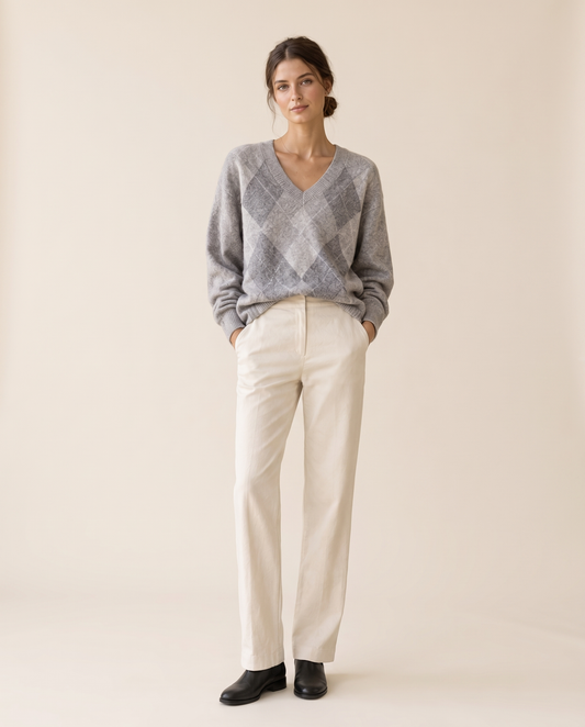 Vail Relaxed Oversized Argyle V-Neck Sweater — studio front