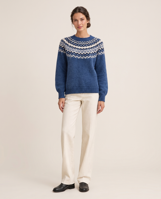 Marblehead Cozy Blue Nordic Knit Sweater — studio front