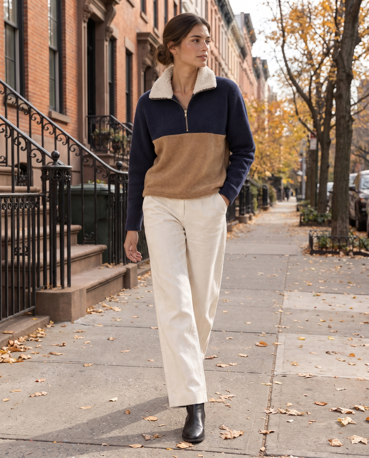 Zion Cozy Color-Block Quarter-Zip Sherpa Pullover — worn on a New York street in autumn