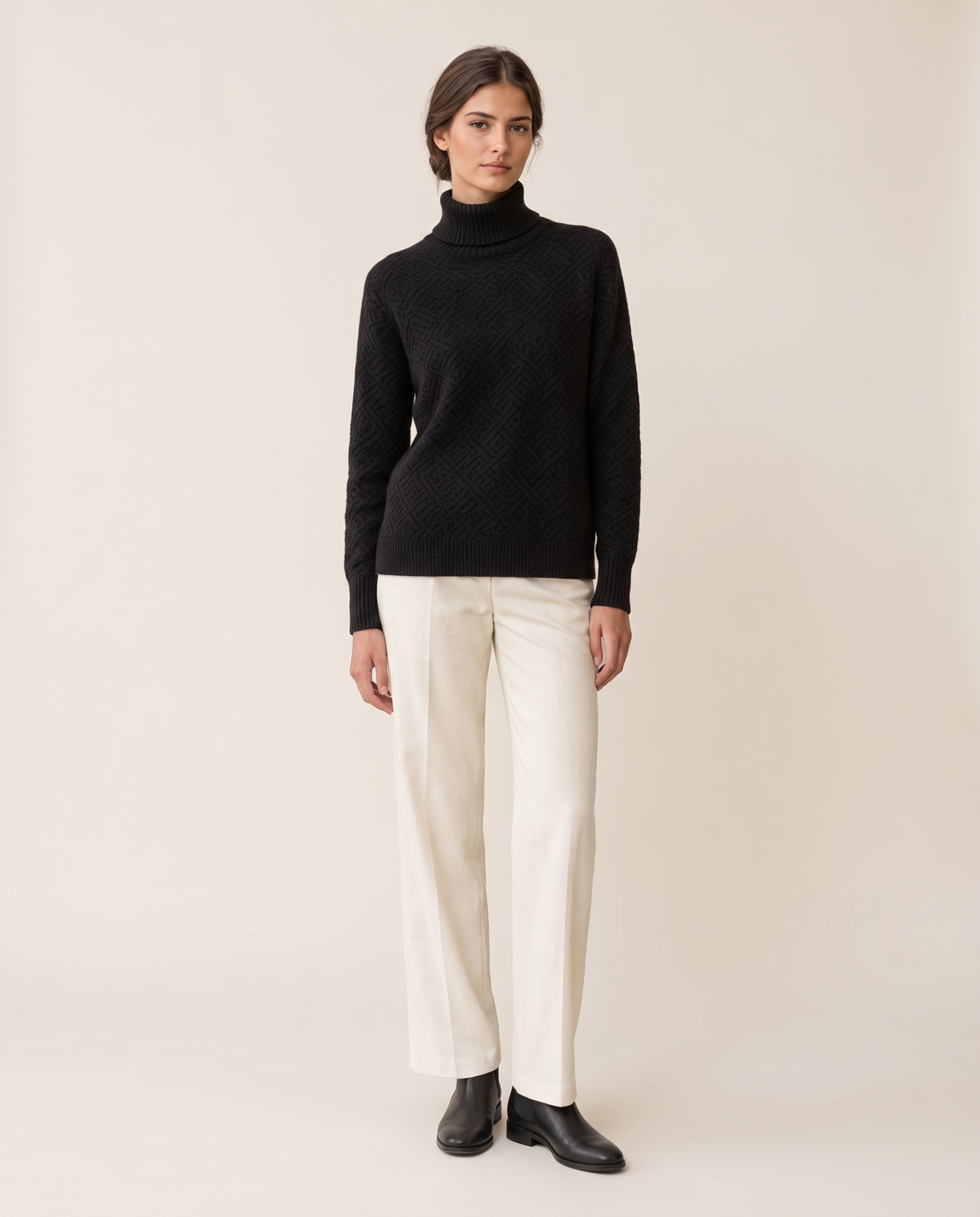 Thornbury Warm Ribbed-Cuff Geometric Knit Turtleneck Sweater — studio front