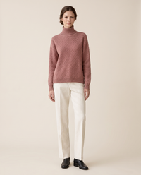 Thornbury Warm Ribbed-Cuff Geometric Knit Turtleneck Sweater — rose, studio front