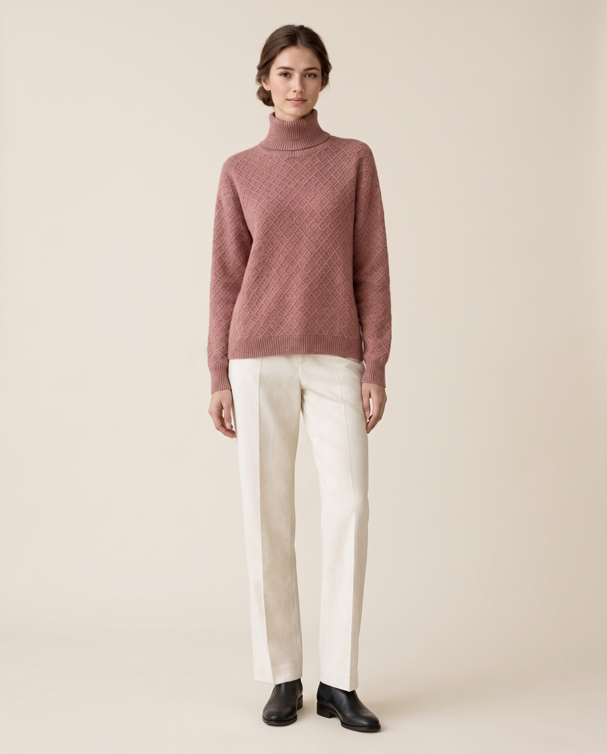 Thornbury Warm Ribbed-Cuff Geometric Knit Turtleneck Sweater — rose, studio front