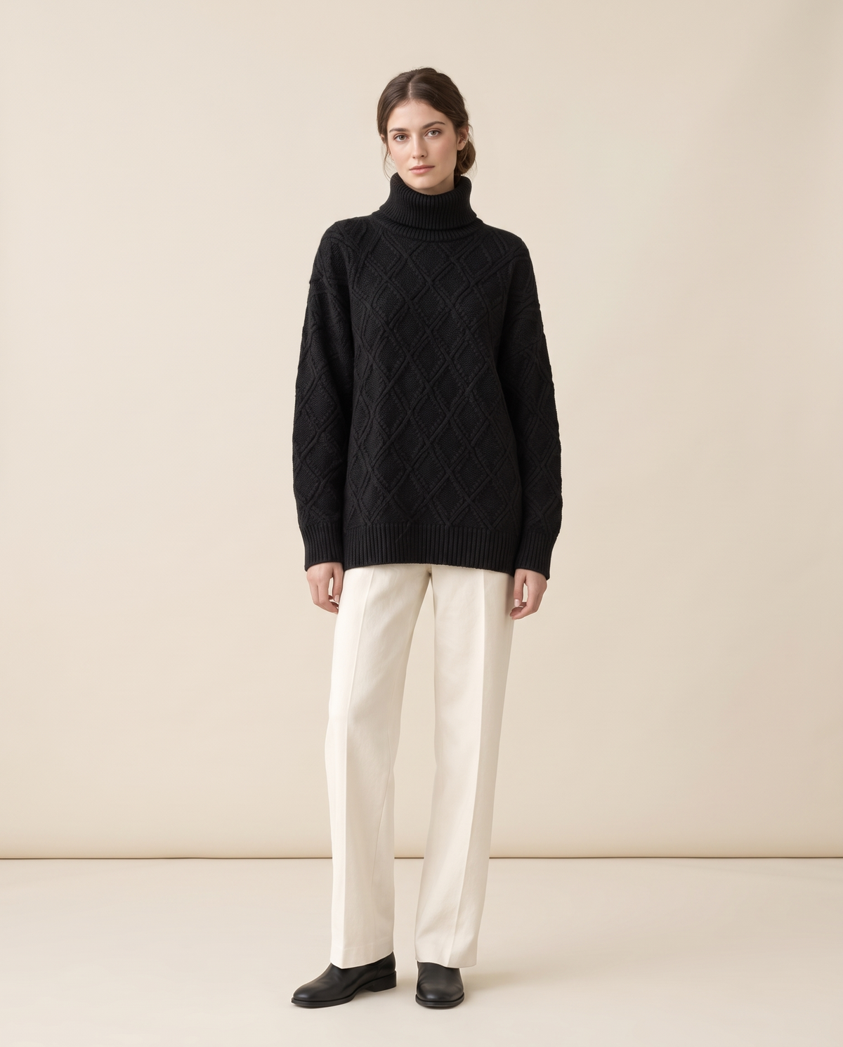Fairfield Cozy Diamond Knit Oversized Turtleneck Sweater — black, studio front