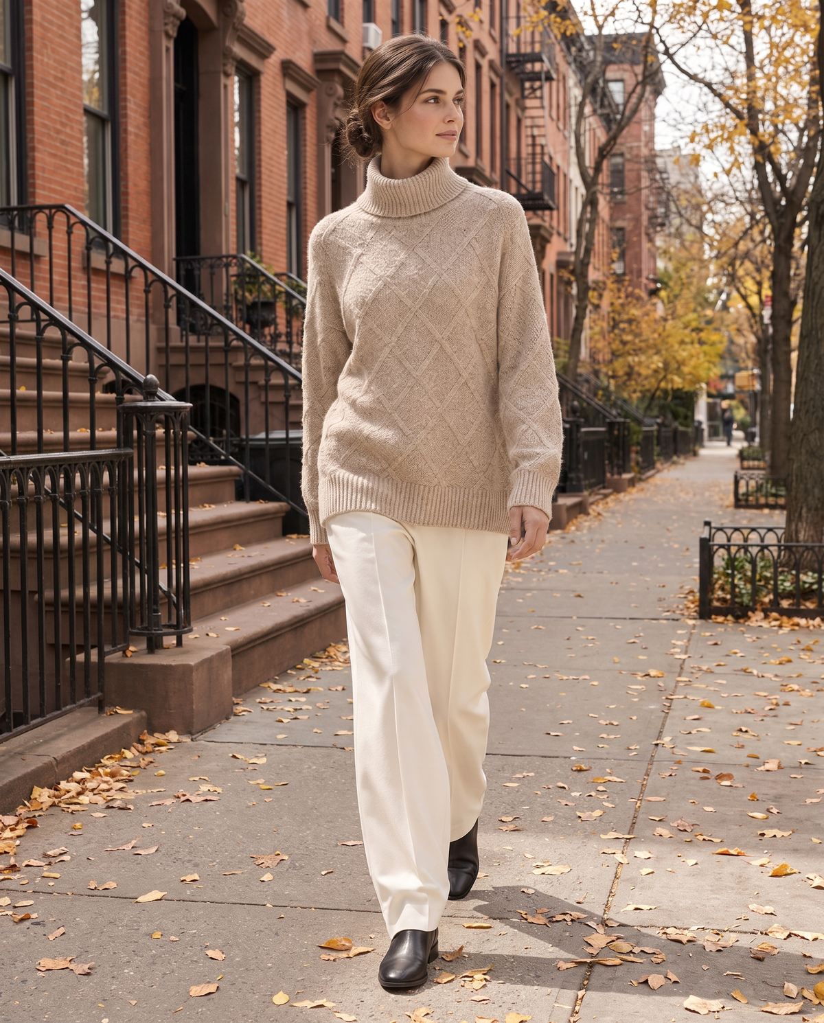 Fairfield Cozy Diamond Knit Oversized Turtleneck Sweater — worn on a New York street in autumn
